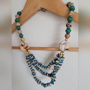 Handmade Stacked Wooden Bead Necklace, Natural Wood, Turquoise & Green.